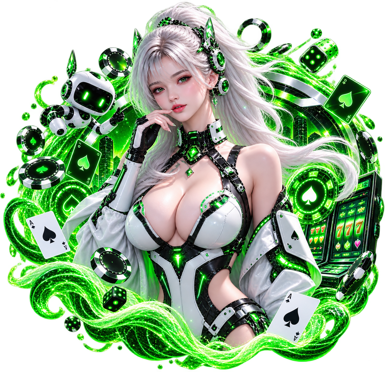 ภาพคาสิโนออนไลน์ TB68 ธีม AI Cyber แสดงตัวละครหญิงไซบอร์กผมสีขาว พร้อมสล็อต ไพ่ ลูกเต๋า และชิปคาสิโนในโทนสีเขียวนีออน
