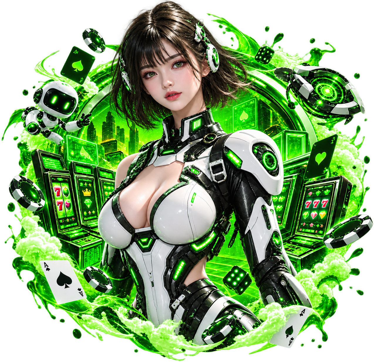 ภาพคาสิโนออนไลน์ธีม AI Cyber แสดงตัวละครหญิงไซบอร์ก พร้อมสล็อต ไพ่ ลูกเต๋า และชิปคาสิโน ในบรรยากาศสีเขียวนีออน สำหรับเว็บไซต์ TB68