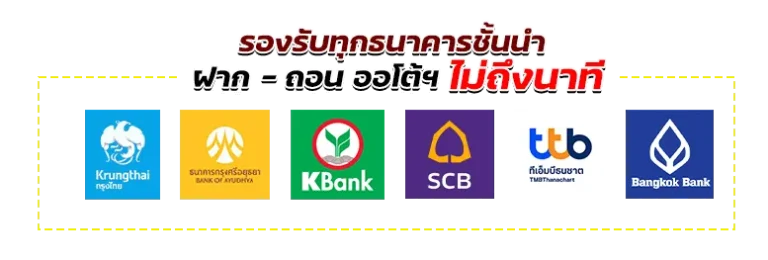 ภาพช่องทางธนาคารที่รองรับบนเว็บไซต์ TB68 สำหรับฝากถอนออนไลน์ รองรับธนาคารชั้นนำหลายแห่ง พร้อมระบบทำรายการสะดวกและรวดเร็ว